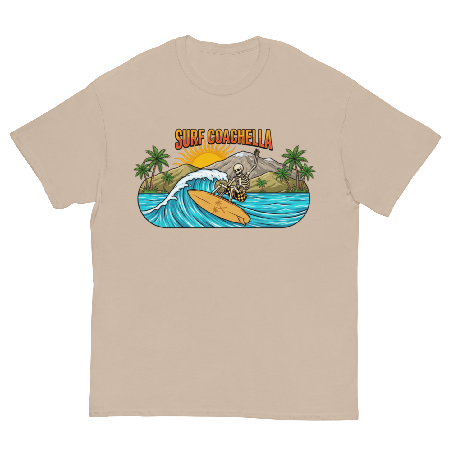 A beige crewneck t-shirt featuring a colorful graphic print of a skeleton surfing on a wave with the text 'SURF COACHELLA' above it, displayed on a clean white background.