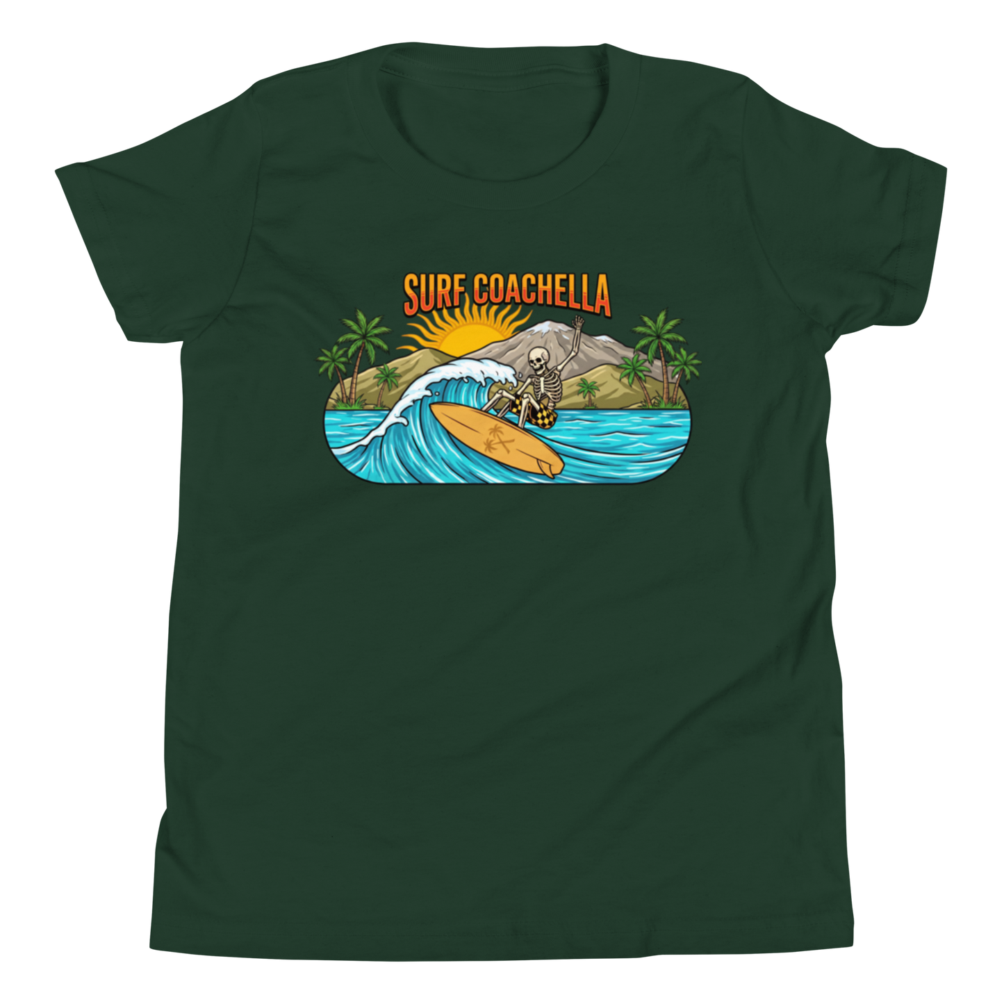 A dark green short-sleeve t-shirt with a colorful graphic on the chest depicting a surfer riding a wave with the text 'SURF COACHELLA' above it, shown on a plain white background.