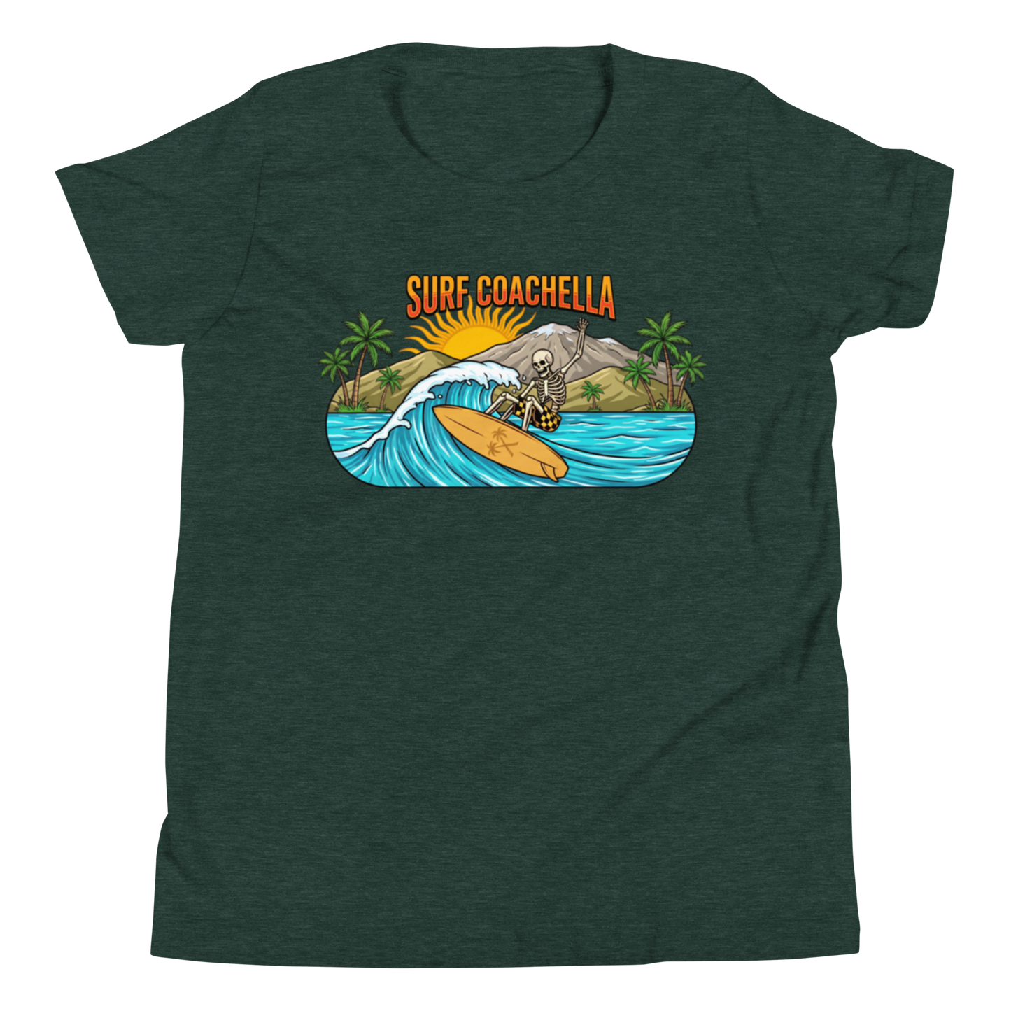 A dark heather green short-sleeve t-shirt with a colorful graphic on the chest depicting a skeleton surfer on a wave with the text 'SURF COACHELLA'.