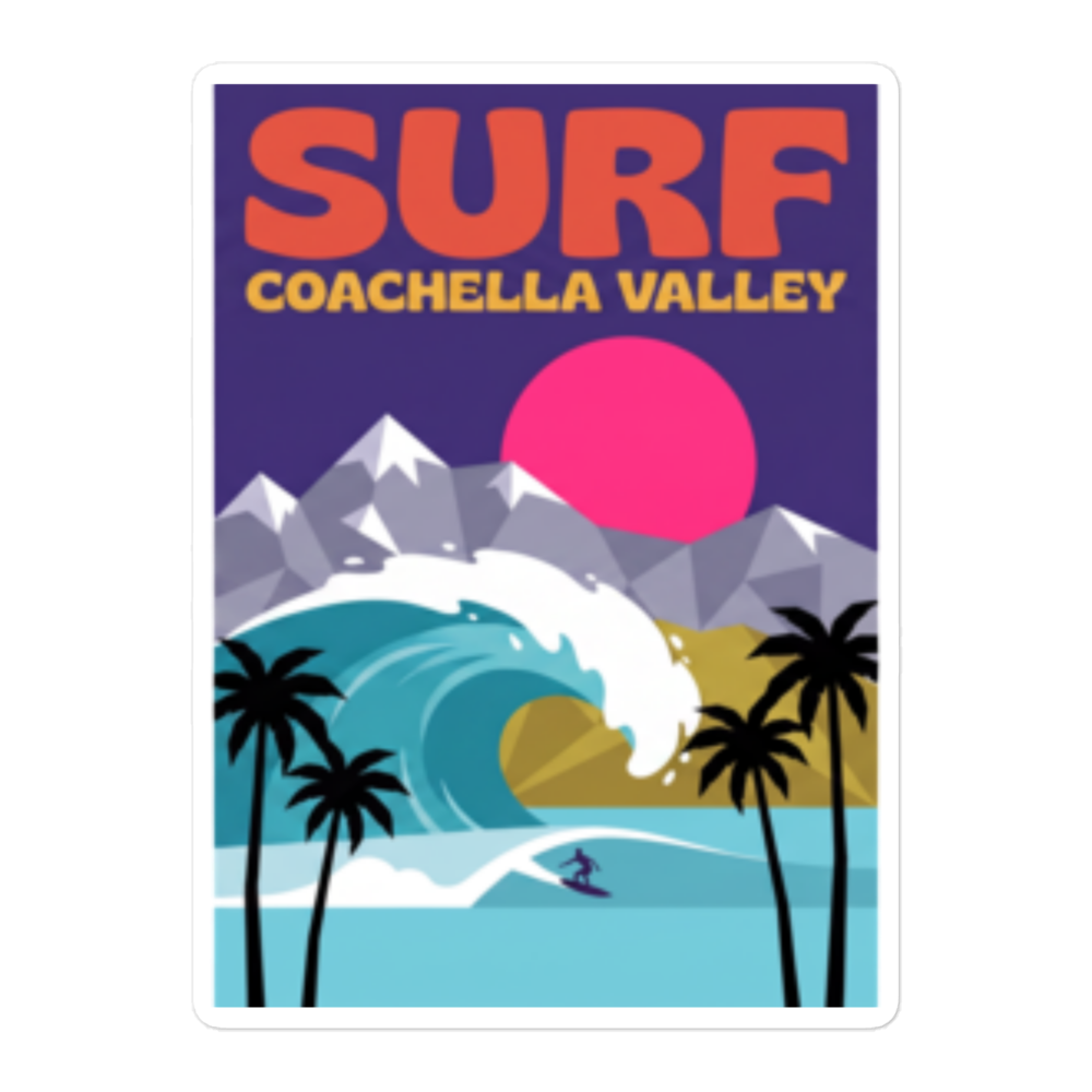 A square graphic print or sticker featuring a stylized coastal scene with the words 'SURF' and 'COACHELLA VALLEY.' The artwork shows a large pink sun, purple sky, mountains, turquoise ocean wave, beach, and black palm trees.