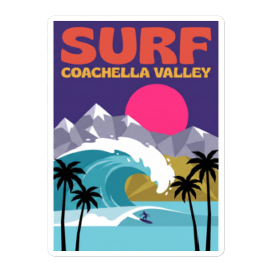 A square graphic print or sticker featuring a stylized coastal scene with the words 'SURF' and 'COACHELLA VALLEY.' The artwork shows a large pink sun, purple sky, mountains, turquoise ocean wave, beach, and black palm trees.
