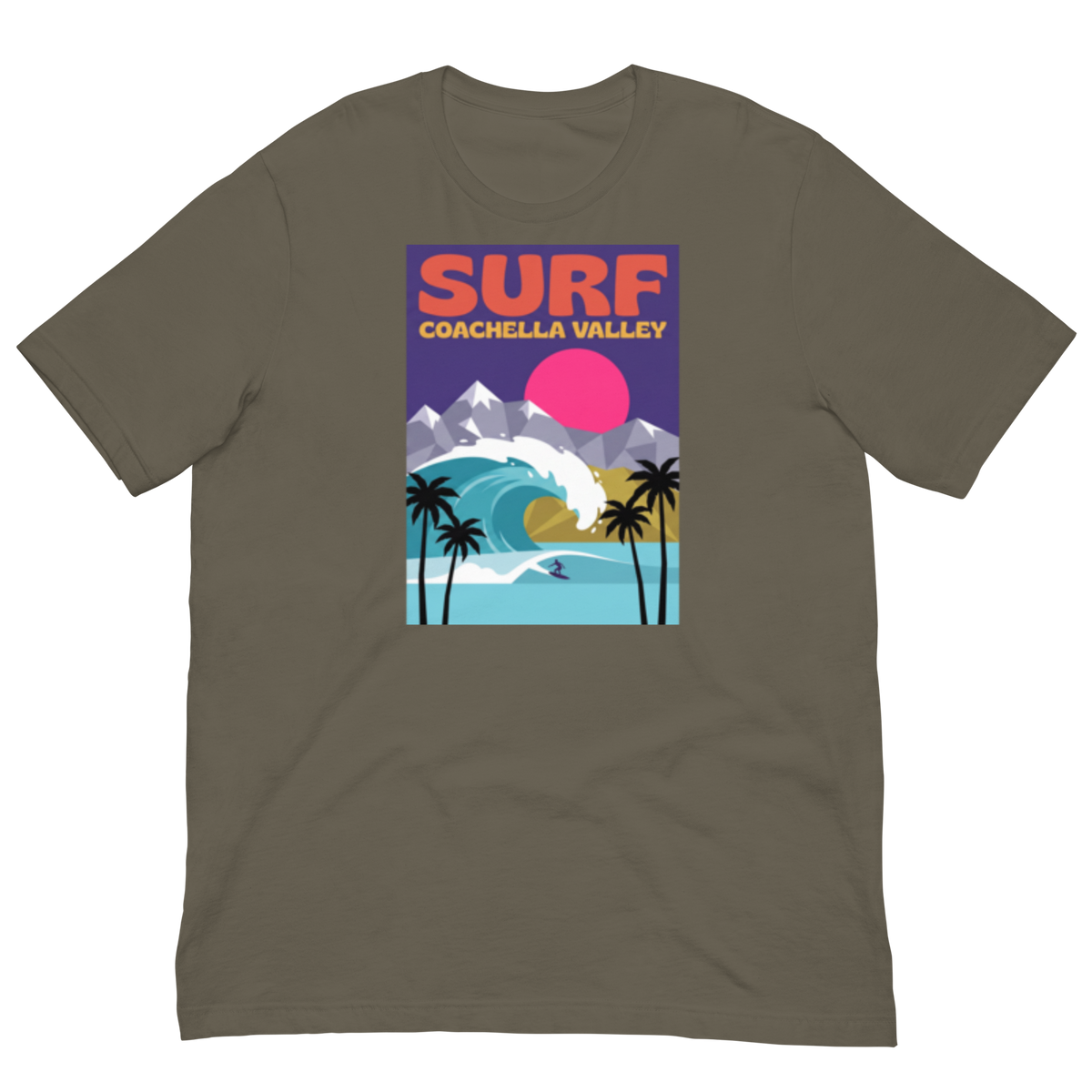 A short-sleeve crewneck t-shirt in a muted olive-brown color, featuring a colorful retro graphic print on the chest that reads 'SURF COACHELLA VALLEY' above an illustration of a surfer, palm trees, mountains, and a pink sun.