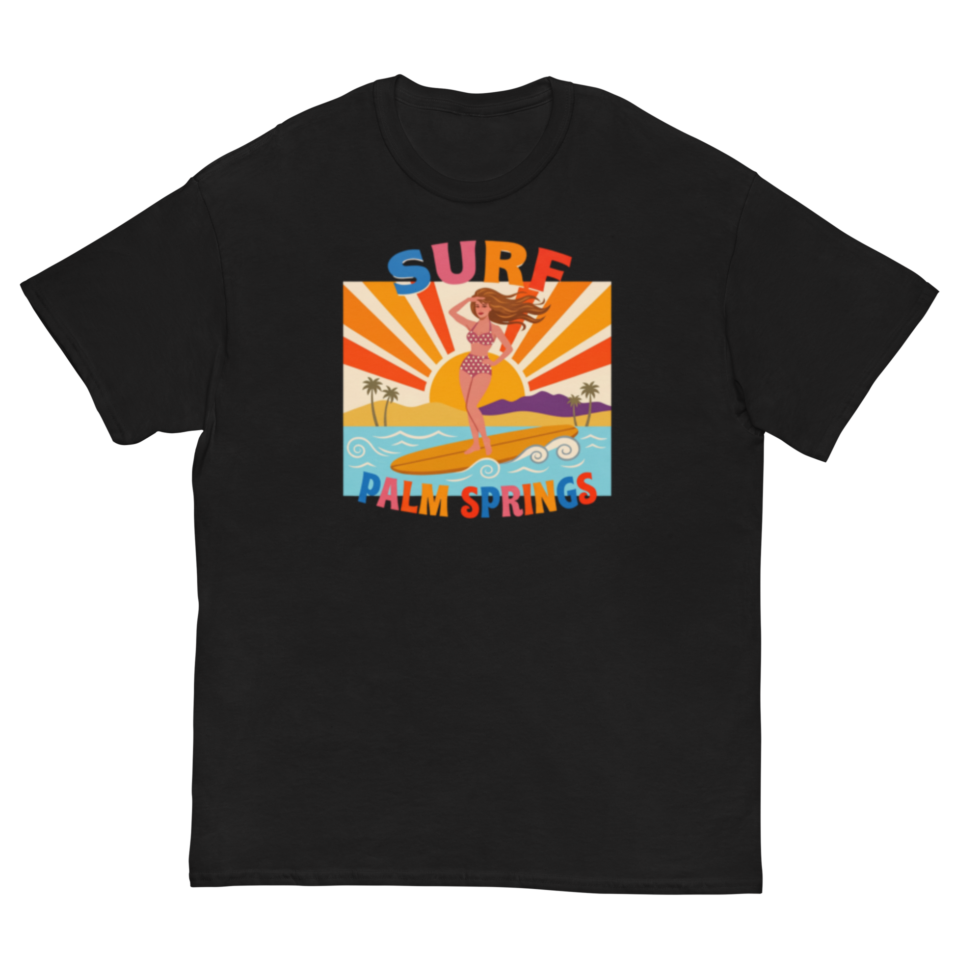 A black short-sleeve crewneck t-shirt featuring a retro-style graphic print of a woman surfing on a yellow board in Palm Springs, with 'SURF' and 'PALM SPRINGS' written in colorful retro lettering.