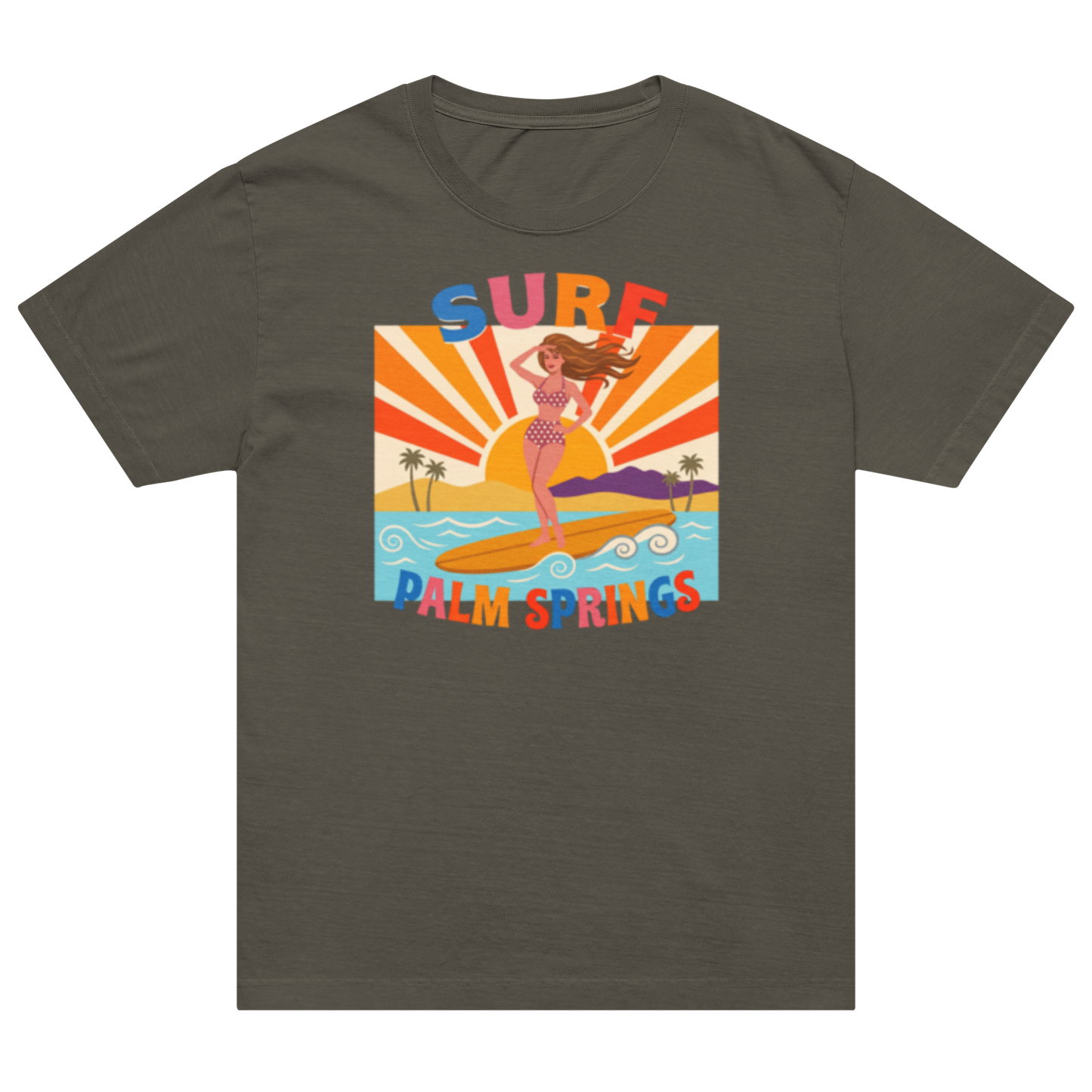 A dark olive gray short-sleeve t-shirt with a colorful retro graphic on the chest depicting a woman surfing at Palm Springs with the text 'SURF PALM SPRINGS'.