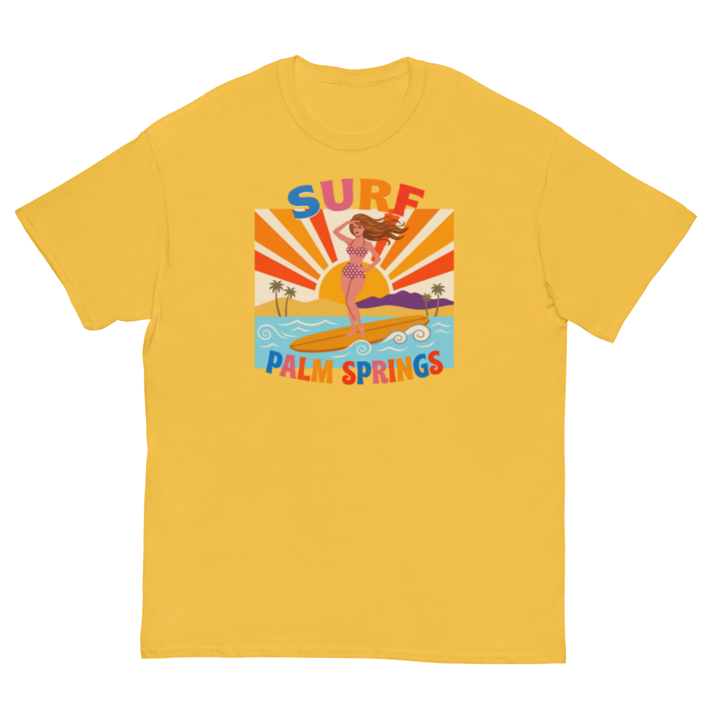 A yellow short-sleeve t-shirt with a retro-style graphic of a woman surfing at Palm Springs, featuring colorful text and a sunburst design.