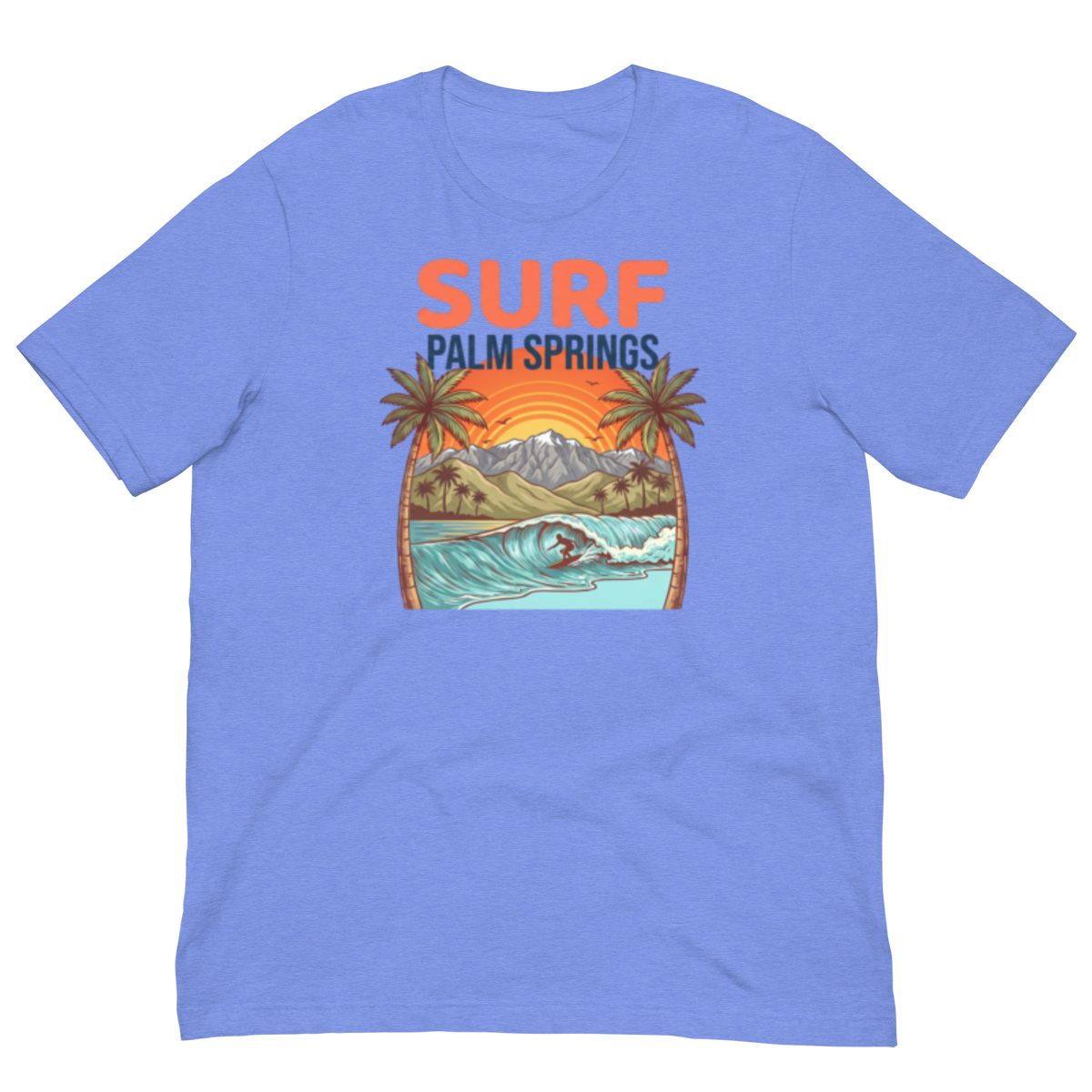 A heathered periwinkle blue short-sleeve t-shirt with a retro-style graphic on the chest reading 'SURF PALM SPRINGS' above an illustration of palm trees, mountains, a sunset, and a surfer riding a wave.