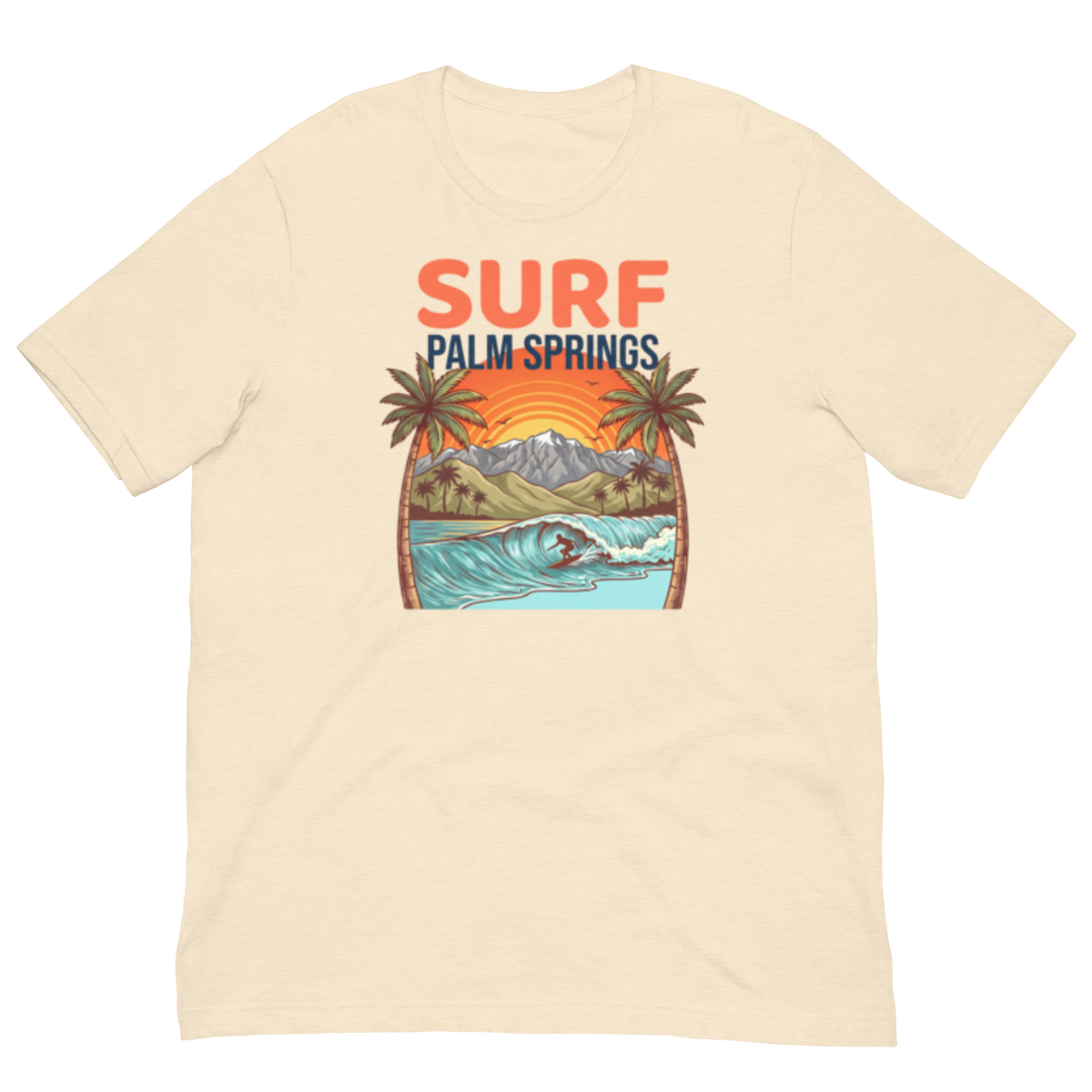 A cream-colored short-sleeve t-shirt with a retro graphic on the chest that reads 'SURF PALM SPRINGS' above an illustration of palm trees, mountains, and a surfer riding a wave.