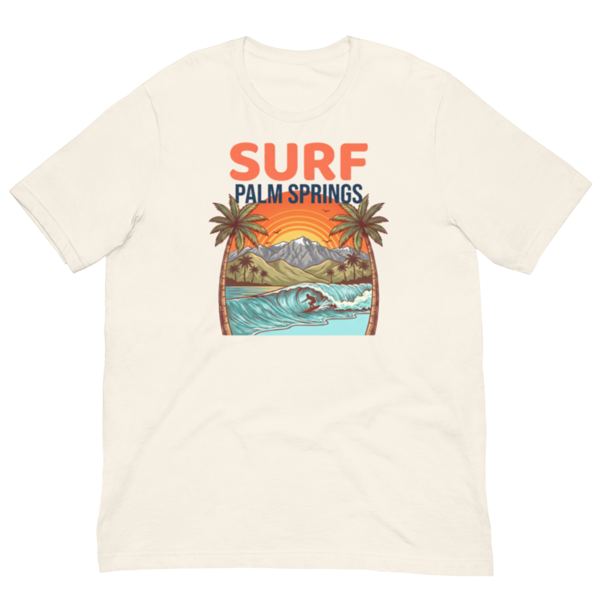 An off-white crewneck t-shirt featuring a retro-style graphic print of a surfer in Palm Springs, Arizona. The graphic includes the text 'SURF PALM SPRINGS' in orange and blue, with illustrations of palm trees, mountains, and a turquoise ocean wave.