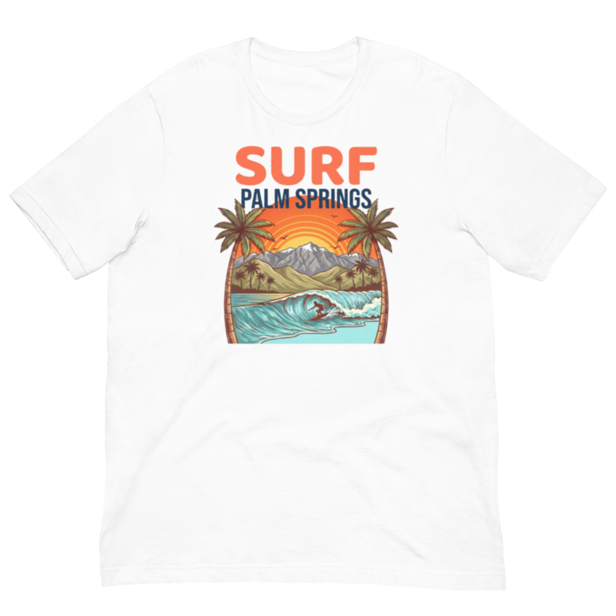 A white short-sleeve crewneck t-shirt featuring a colorful graphic print on the front. The graphic displays the text 'SURF PALM SPRINGS' in orange and navy blue, above an illustration of a surfer riding a wave with palm trees and mountains in the background.