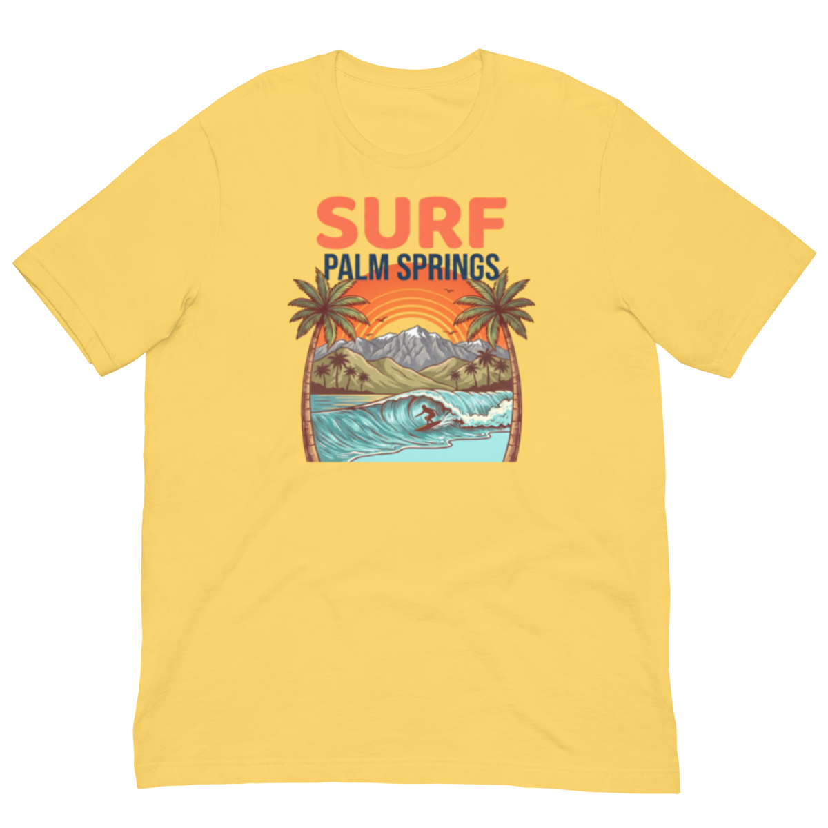 A yellow short-sleeve t-shirt with a retro-style graphic on the chest that reads 'SURF PALM SPRINGS' above an illustration of palm trees, mountains, and a surfer riding a wave.