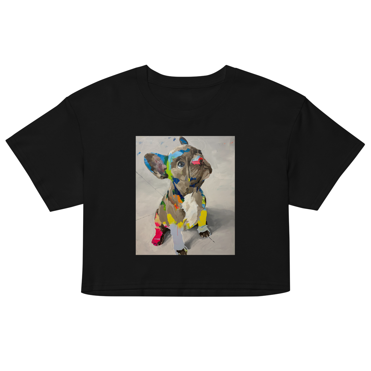 A black short-sleeve crop top t-shirt featuring a square graphic print of a French Bulldog in a colorful, artistic collage style. Daniel Maltzman artist. 