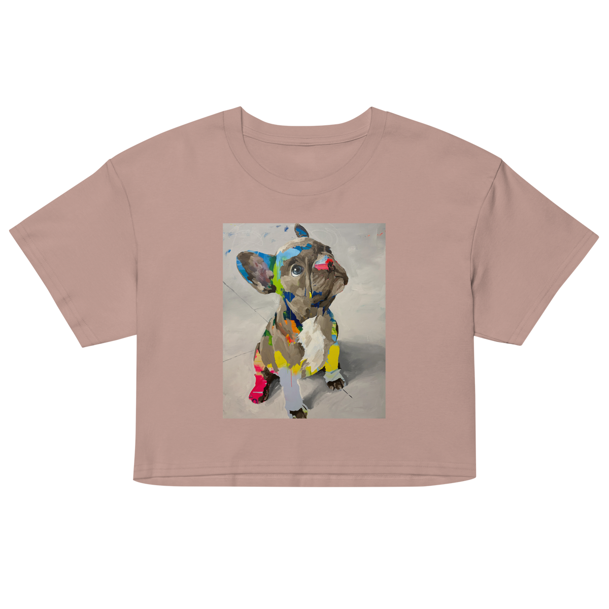 A cropped short-sleeve t-shirt in a dusty rose pink color, featuring a colorful graphic print of a French Bulldog on the front, Daniel Maltzman artist.