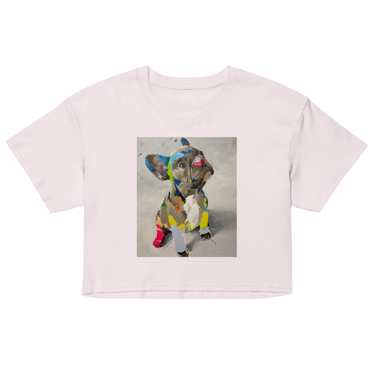 A light pink short-sleeve crop top t-shirt featuring a colorful graphic print of a French Bulldog on the front, Daniel Maltzman design.