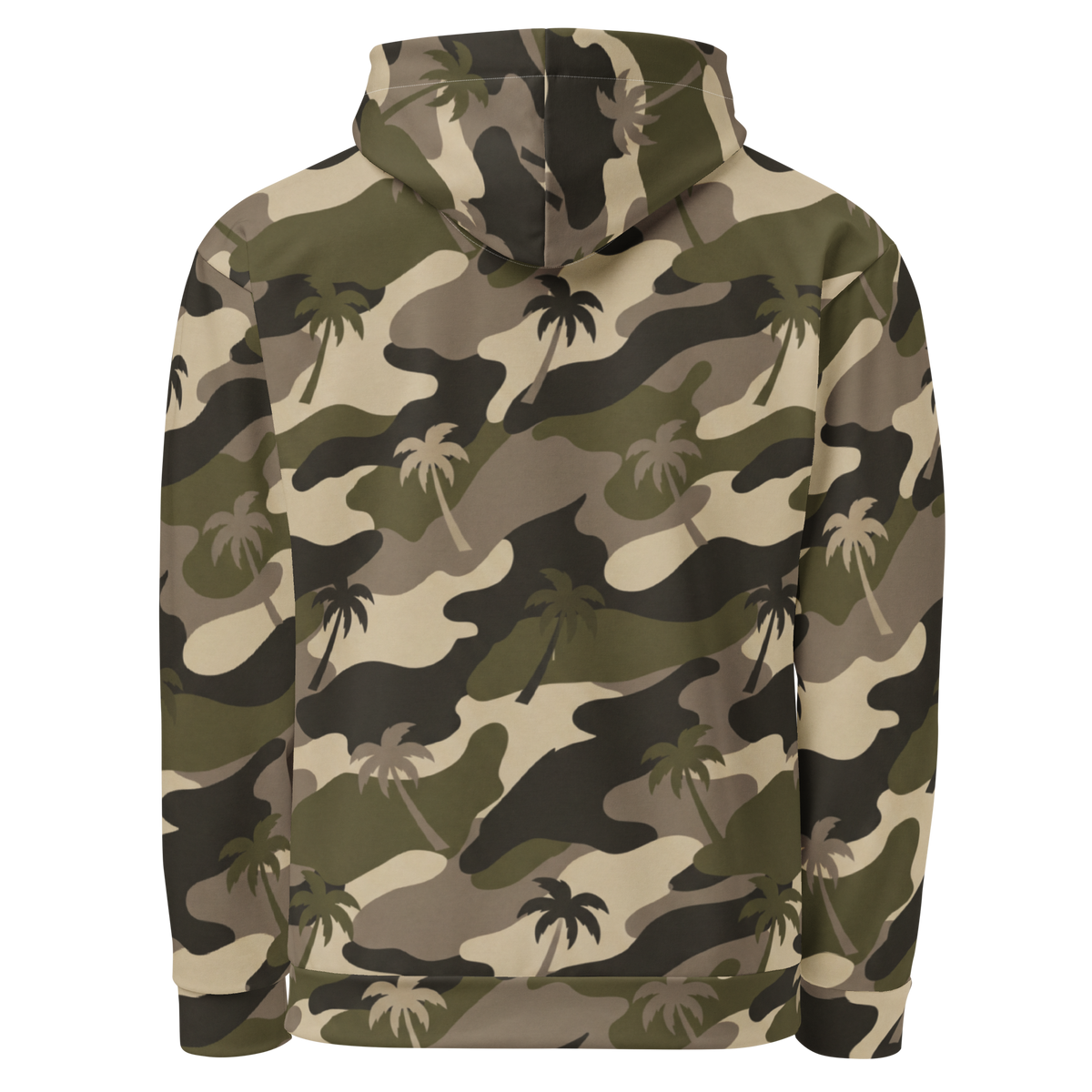 A long-sleeve hooded sweatshirt shown from the back, featuring an all-over camouflage pattern in olive green, tan, and dark brown, with a repeating palm tree motif.