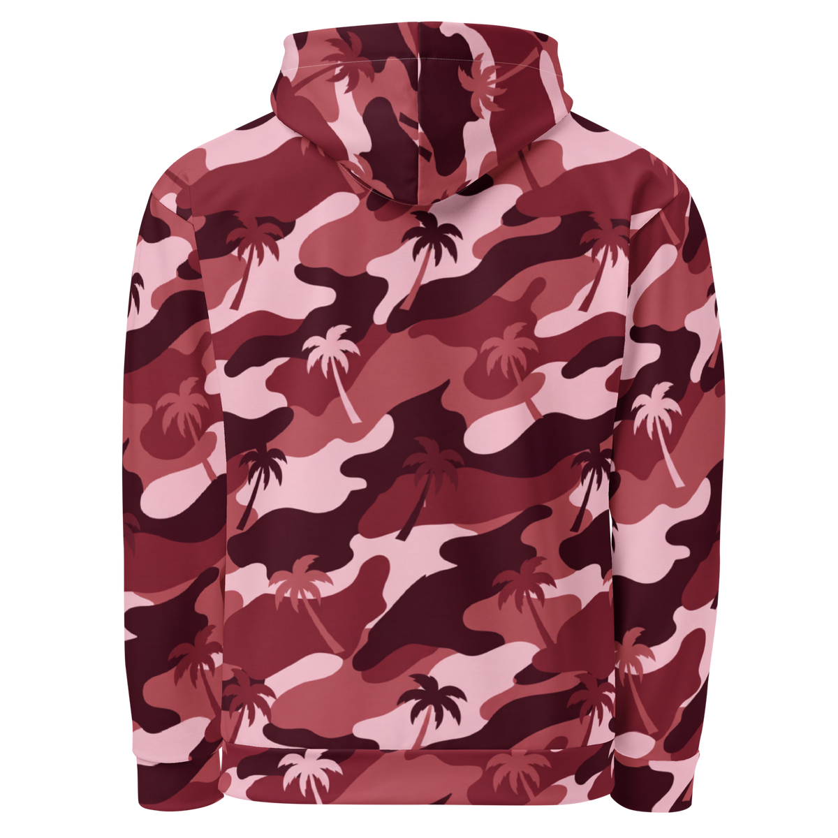 A pullover hoodie featuring an all-over camouflage pattern in shades of pink, red, and burgundy, with a repeating palm tree motif, shown on a plain white background.