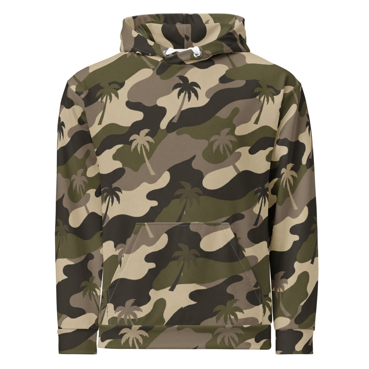 A pullover hoodie featuring a green, brown, and beige camouflage pattern overlaid with a repeating palm tree motif, shown against a plain white background.