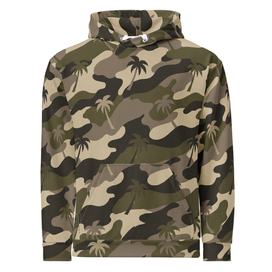 A pullover hoodie featuring a green, brown, and beige camouflage pattern overlaid with a repeating palm tree motif, shown against a plain white background.