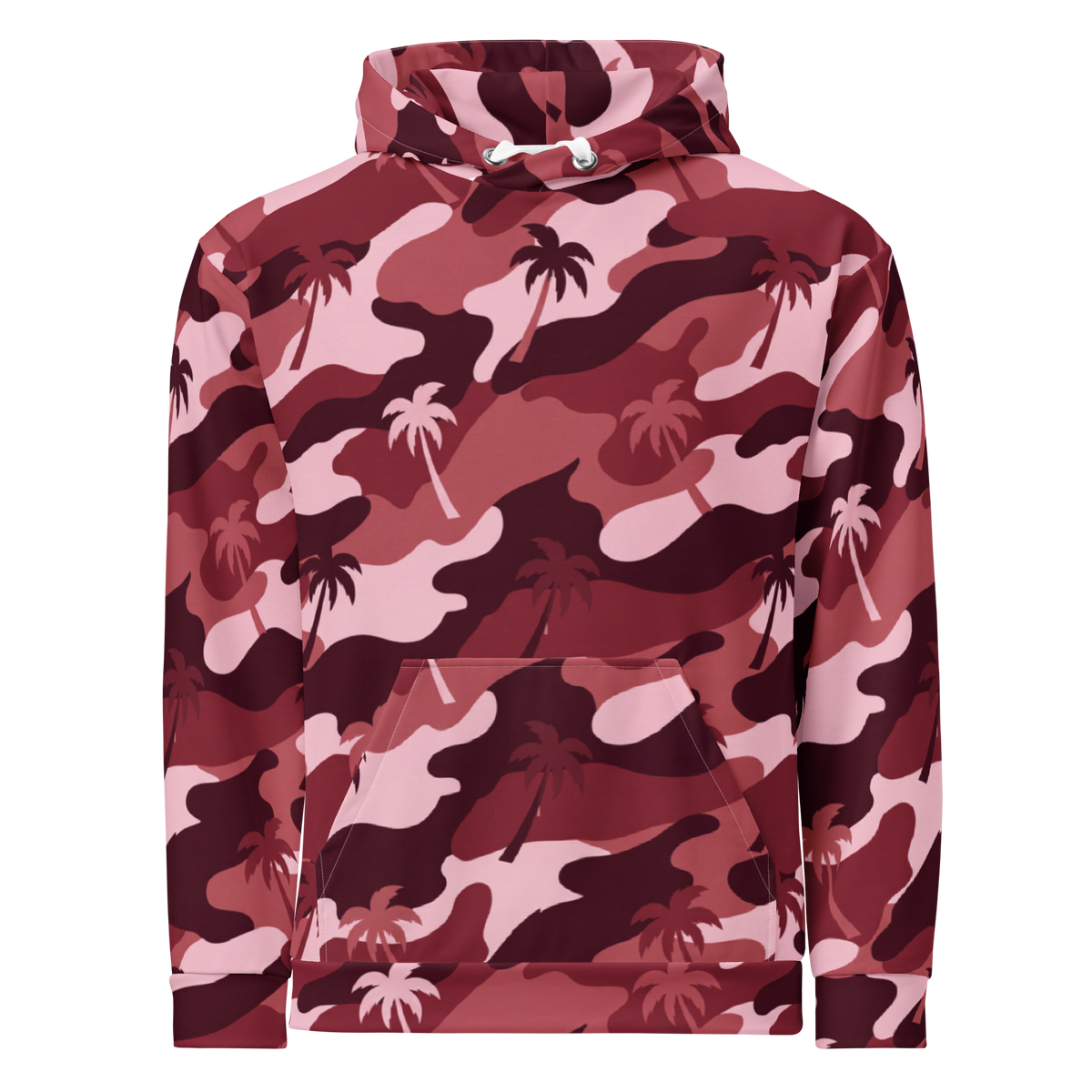 A pullover hoodie featuring a pink, red, and dark burgundy camouflage pattern overlaid with light pink palm tree silhouettes. The hoodie has a front kangaroo pocket and white drawstrings.