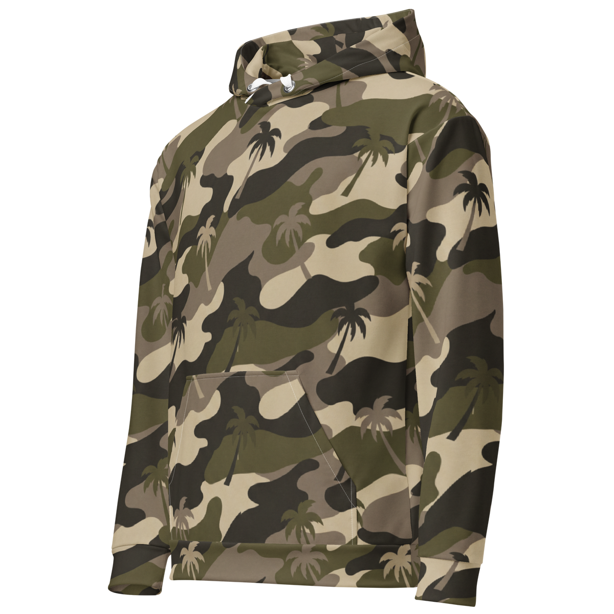 A long-sleeve pullover hoodie featuring a tropical camouflage pattern with olive green, tan, and black palm tree silhouettes, shown on a plain white background.