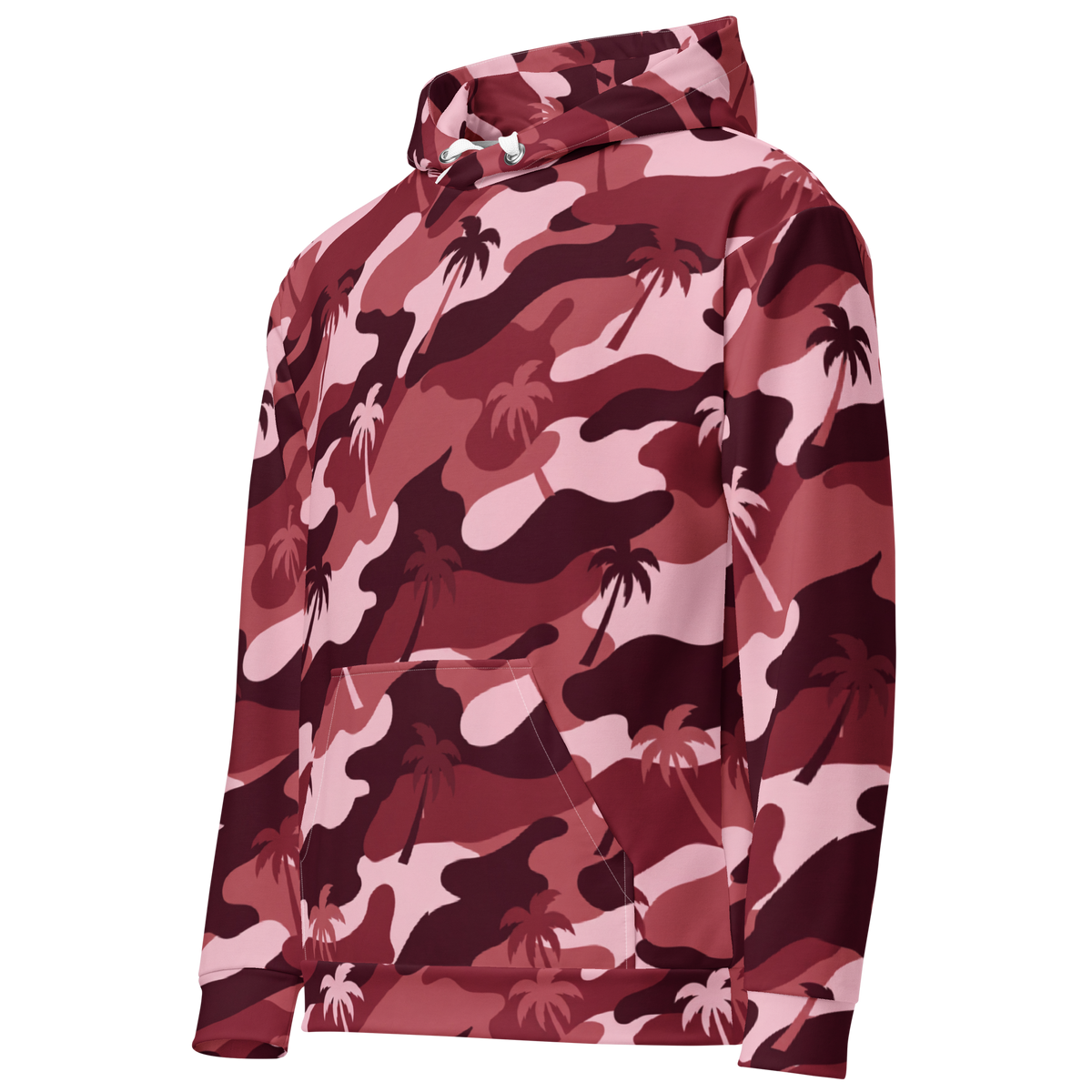 A long-sleeve pullover hoodie featuring a pink, red, and burgundy camouflage pattern overlaid with a dark palm tree print, shown against a plain white background.