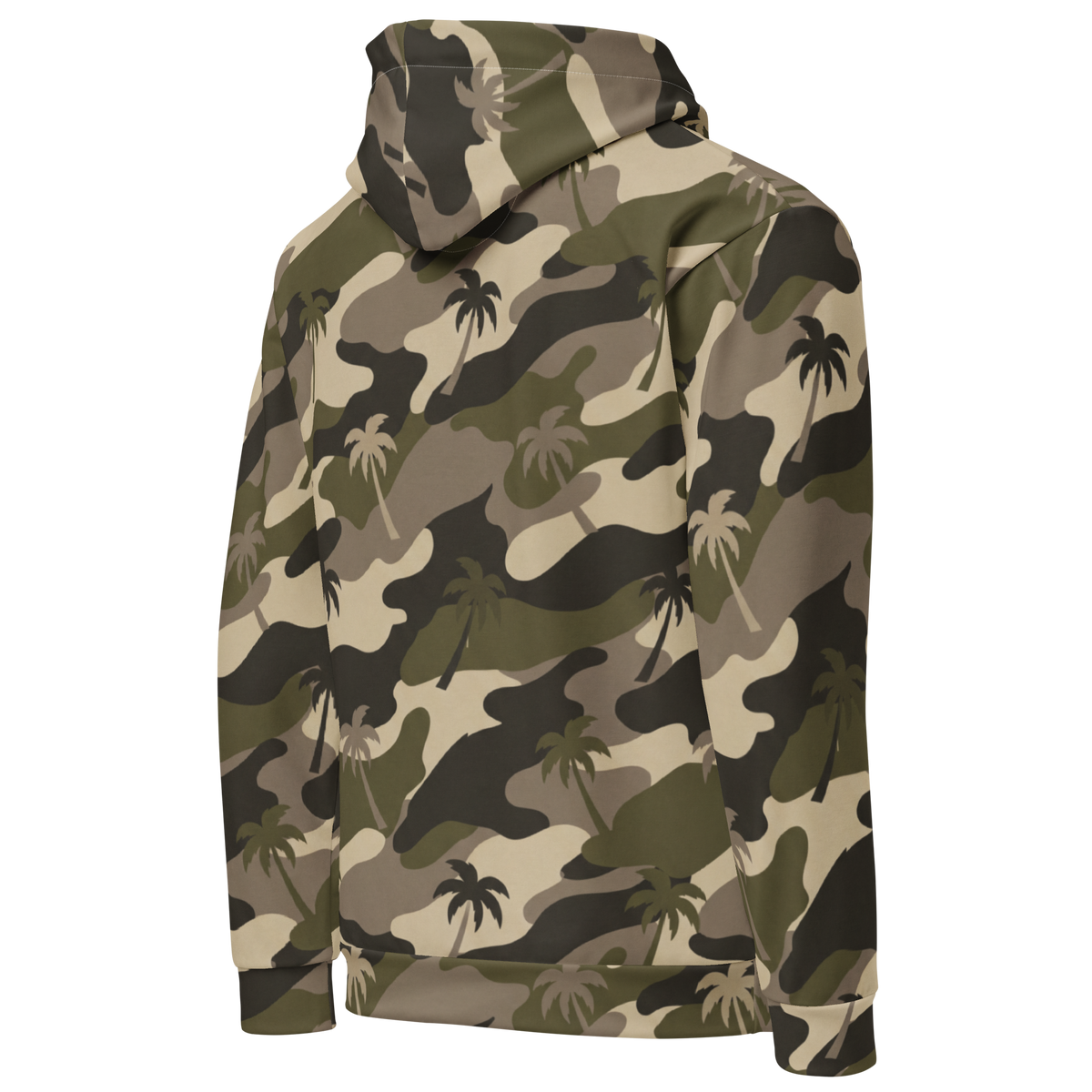 A hooded sweatshirt shown from the back, featuring an all-over camouflage pattern with stylized palm tree silhouettes. The color palette consists of olive green, dark brown, tan, and black.