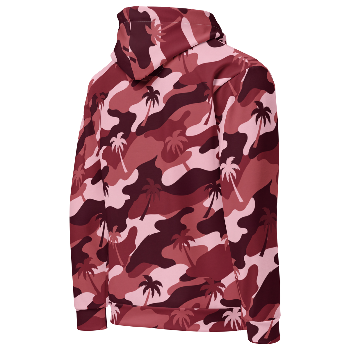 A hooded sweatshirt shown from the back, featuring an all-over camouflage pattern in shades of pink, burgundy, and dark red, interspersed with white palm tree silhouettes, on a plain white background.