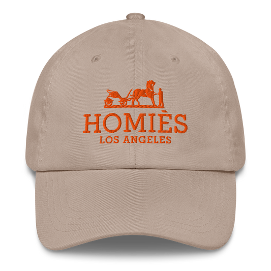 Beige cap with orange 'HOMIES LOS ANGELES' text and logo