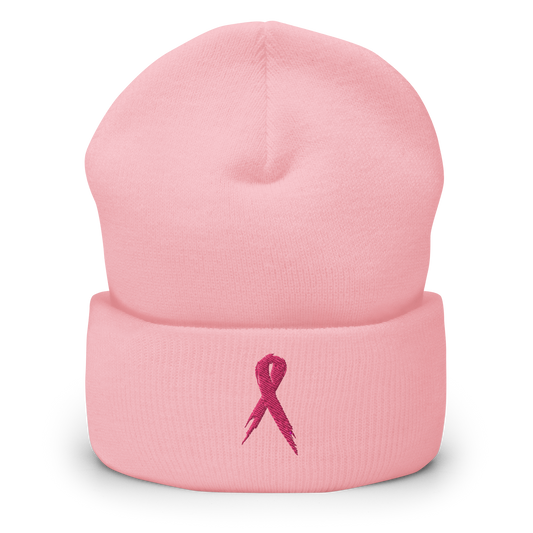 A pink cuffed beanie with a pink breast cancer awareness ribbon on the front.