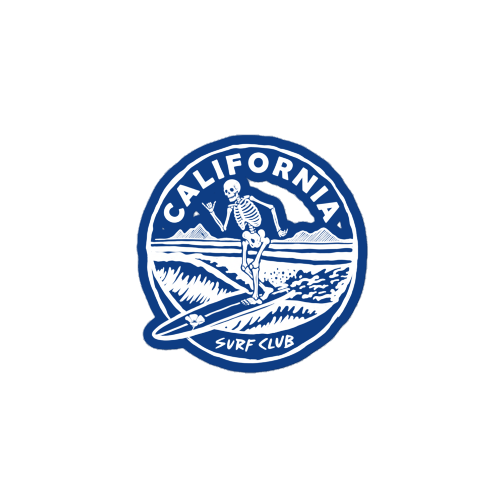 A circular blue and white sticker or patch featuring a skeleton surfing with the text 'CALIFORNIA SURF CLUB' on a plain white background.