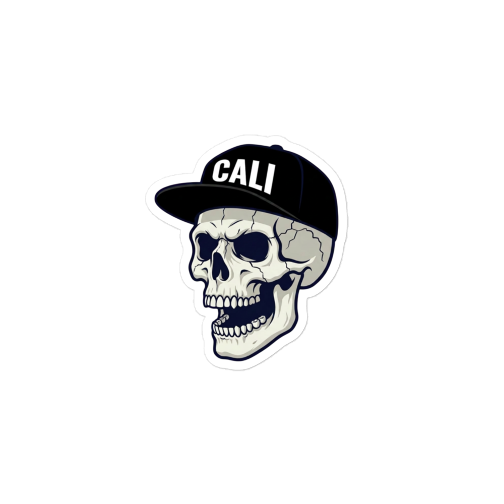 A die-cut sticker featuring a cartoon skull wearing a black baseball cap with the word 'CALI' in white, shown on a plain white background.