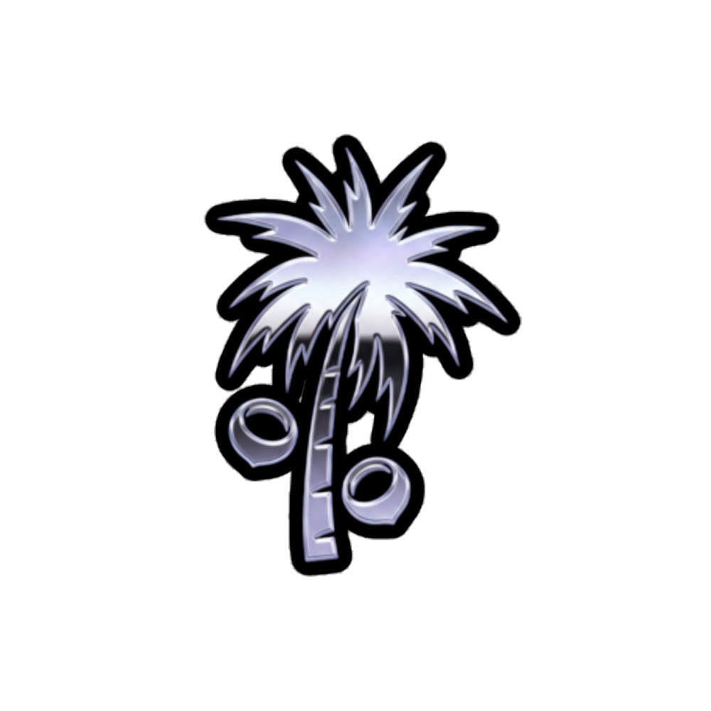 A stylized palm tree graphic with two circular coconuts, rendered in a metallic silver and white gradient with a black outline on a plain white background.