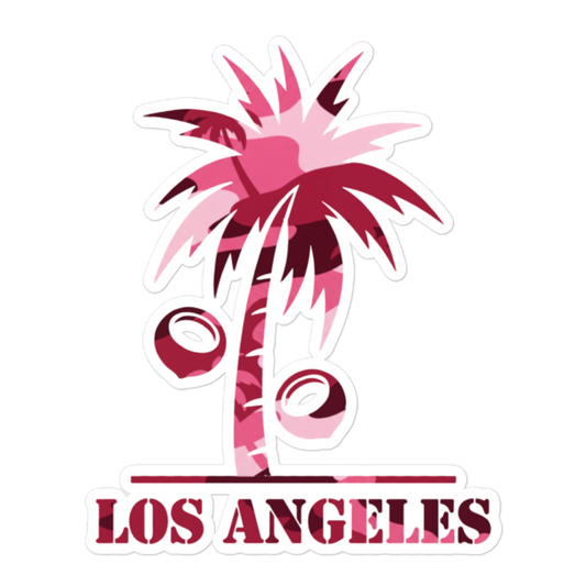 A die-cut sticker featuring a stylized pink and burgundy palm tree with coconuts and the text 'LOS ANGELES' underneath, shown on a plain white background.