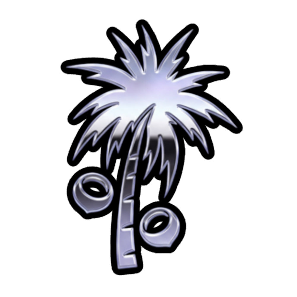 A stylized palm tree graphic with a metallic silver and white gradient, black outlines, and two circular ring details at the base, shown on a plain white background.