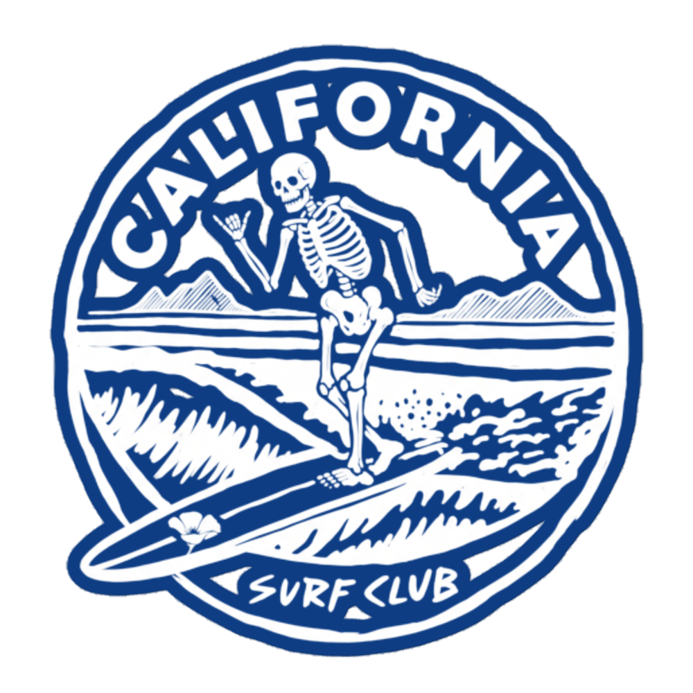 A circular blue and white graphic featuring a skeleton surfing on a surfboard, with the words "CALIFORNIA SURF CLUB" around the illustration.