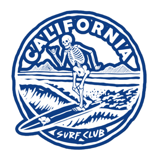 A circular blue and white graphic featuring a skeleton surfing on a surfboard, with the words "CALIFORNIA SURF CLUB" around the illustration.