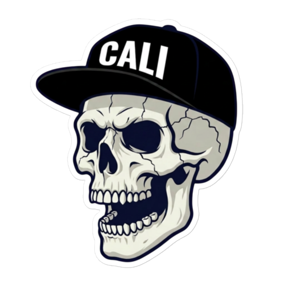 A die-cut sticker featuring a cartoon skull wearing a black baseball cap with the word 'CALI' in white, shown on a plain white background.