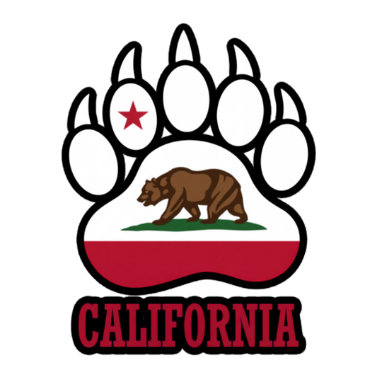 A California-themed paw print graphic featuring the state flag colors, a brown grizzly bear, a red star, and the word 'CALIFORNIA' in red outlined lettering below, shown on a plain white background.