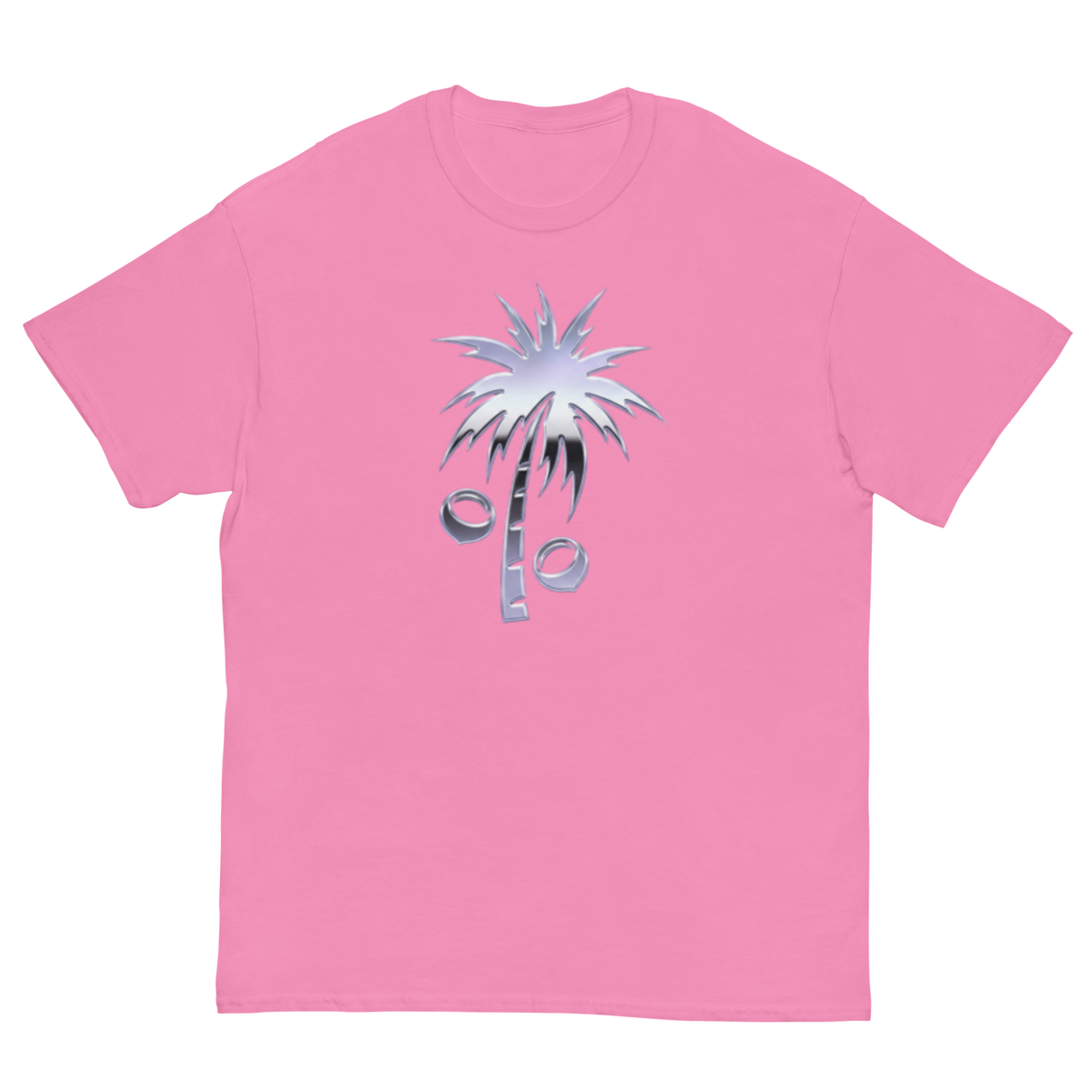 A pink short-sleeve crewneck t-shirt featuring a stylized palm tree graphic on the chest, where the trunk and fronds form a percentage symbol in a metallic silver gradient.