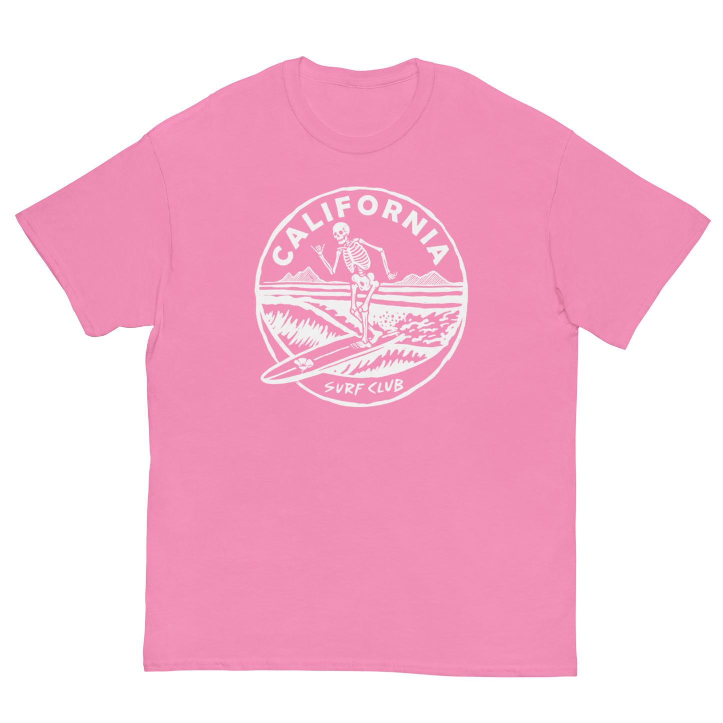 A pink short-sleeve crewneck t-shirt featuring a white circular graphic on the chest with a skeleton surfer and the text 'CALIFORNIA SURF CLUB'.