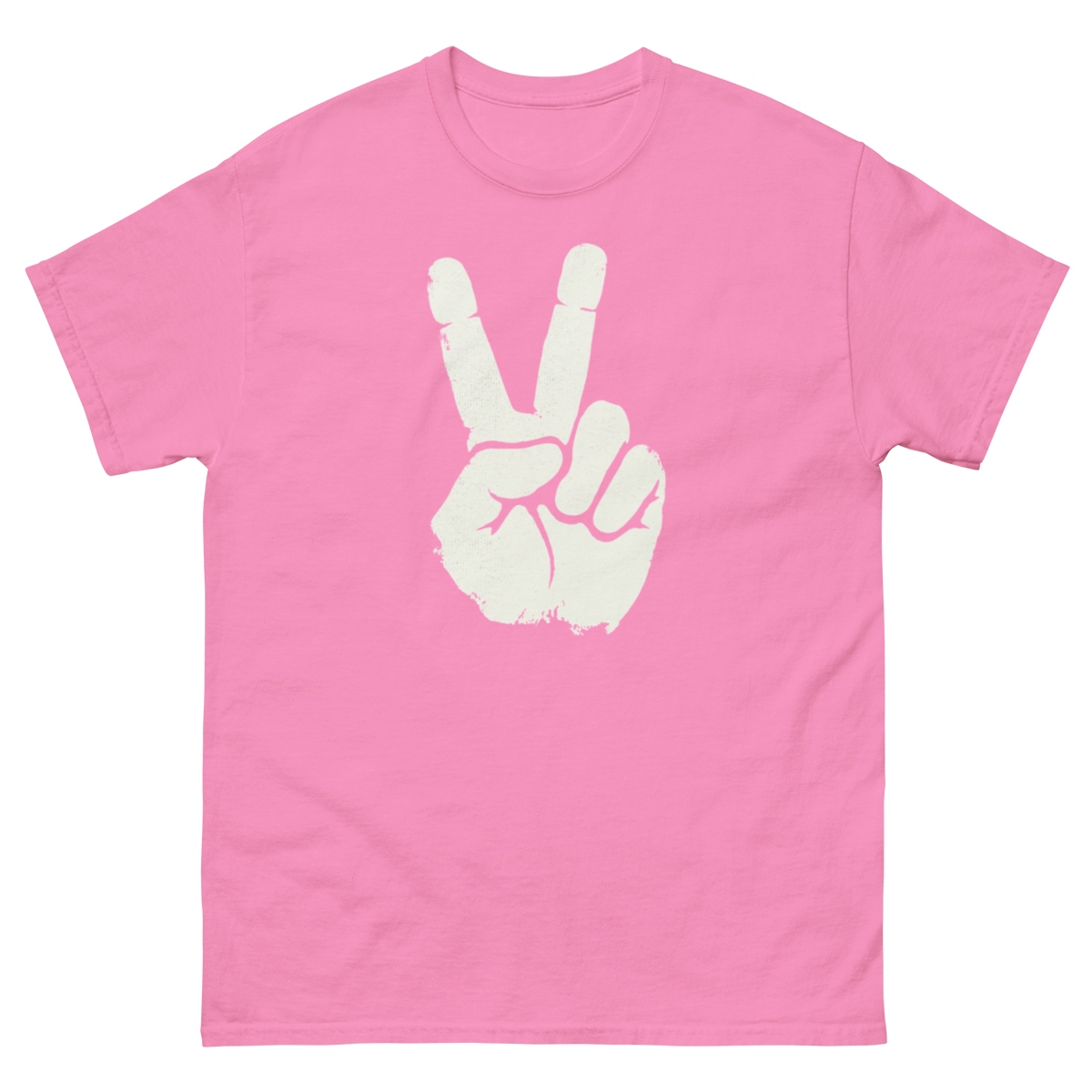 Pink t-shirt with a white peace sign design on a white background
