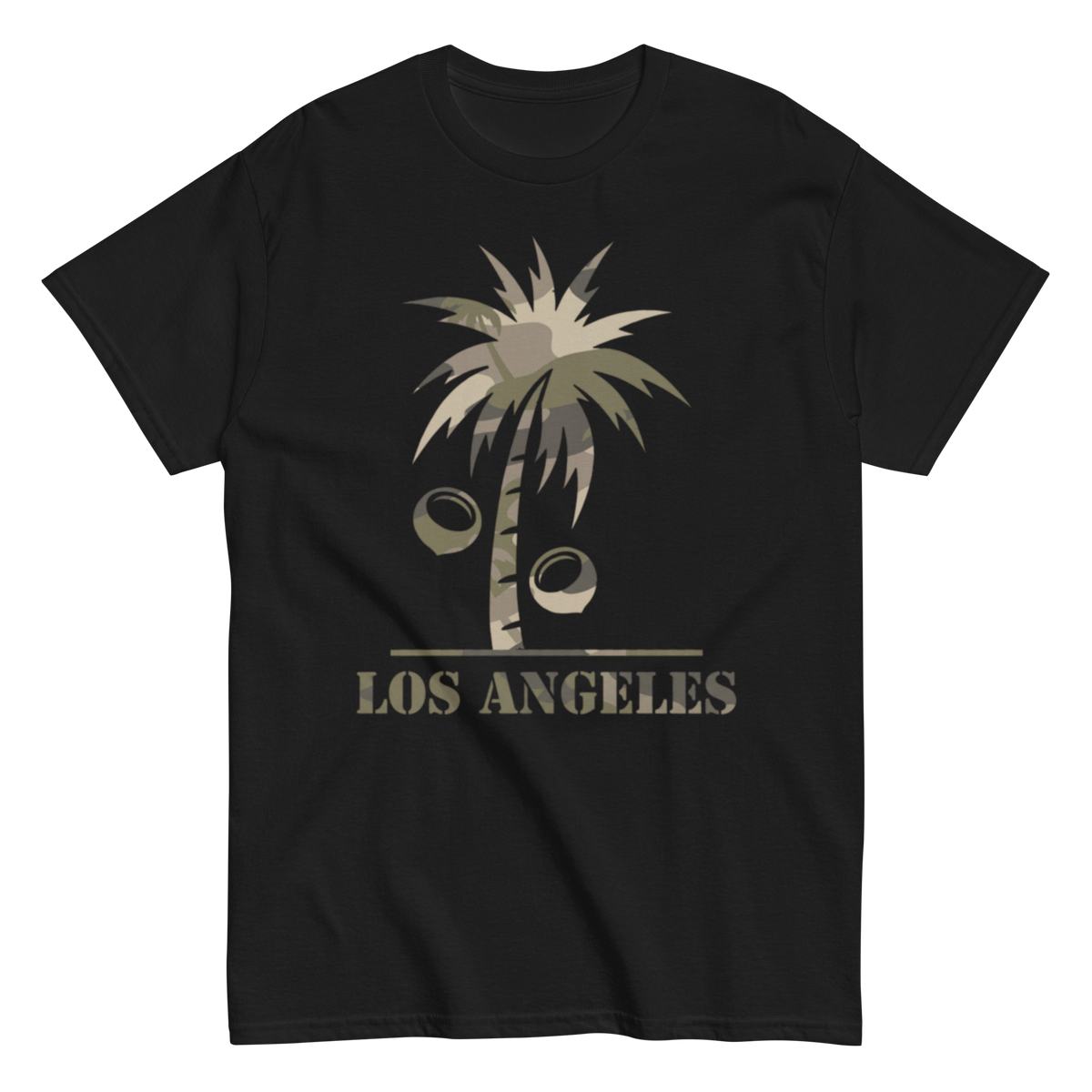 A black short-sleeve crewneck t-shirt featuring a graphic of a palm tree with coconuts and the text 'LOS ANGELES' printed in a distressed beige font, displayed on a solid white background.