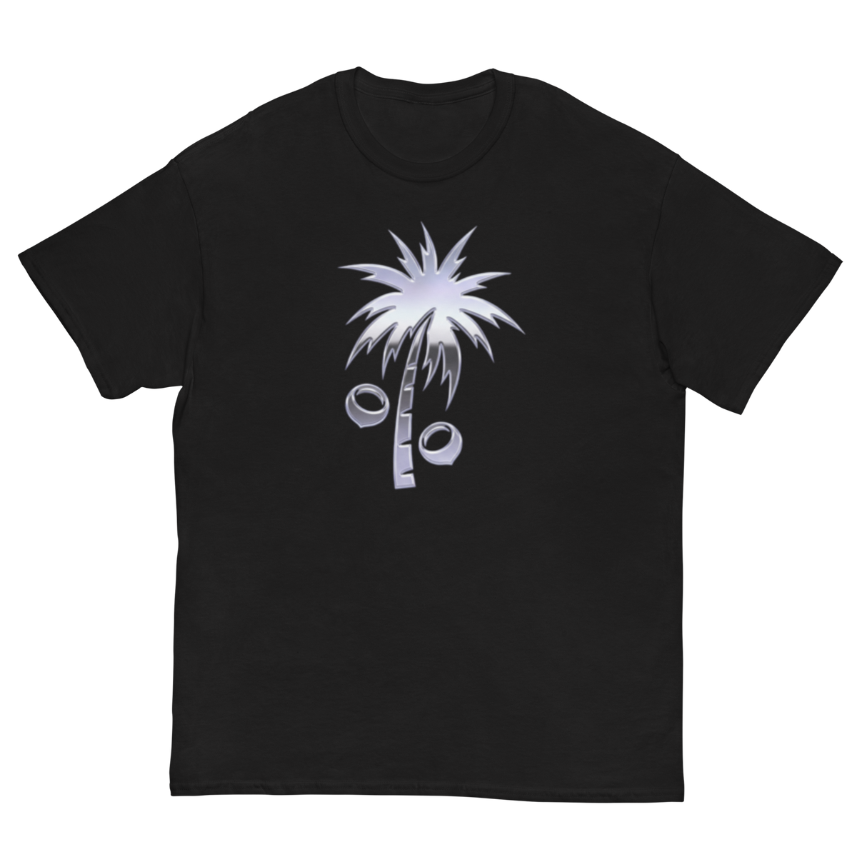 A black short-sleeve crewneck t-shirt featuring a stylized silver graphic of a palm tree with coconuts on the front in Y2K style, displayed against a solid white background.