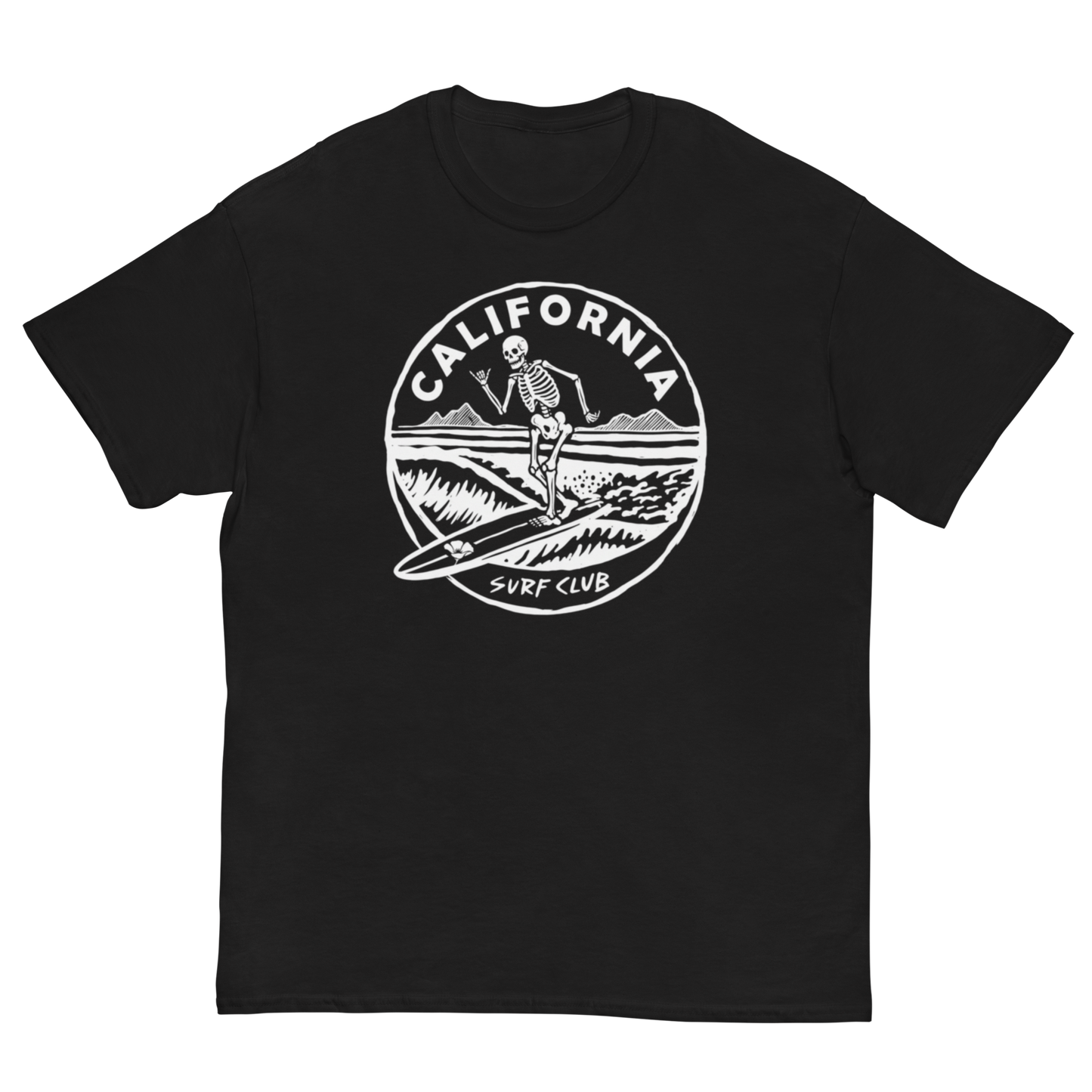 A black short-sleeve crewneck t-shirt featuring a white circular graphic on the chest with a skeleton surfer and the text 'CALIFORNIA SURF CLUB'.