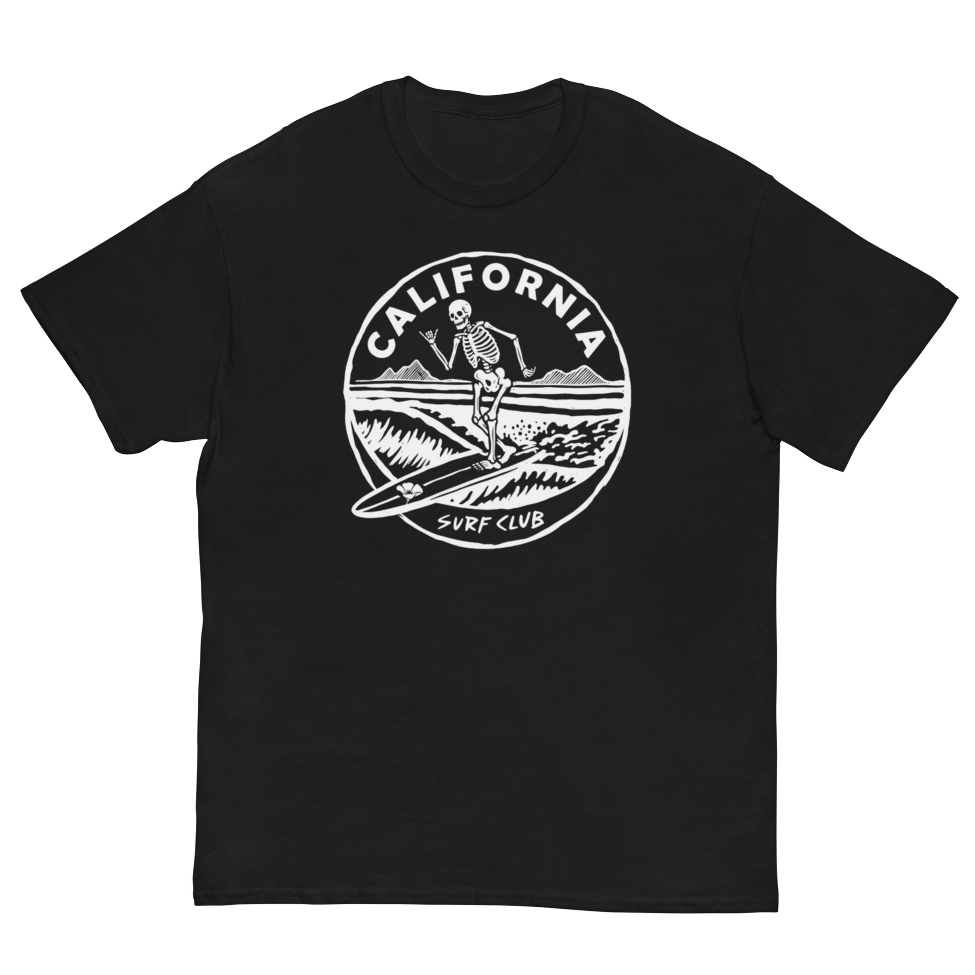 A black short-sleeve crewneck t-shirt featuring a white circular graphic on the chest with a skeleton surfer and the text 'CALIFORNIA SURF CLUB'.