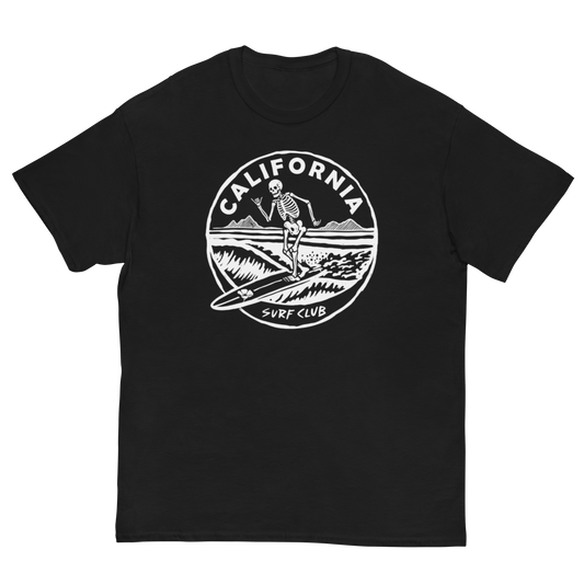 A black short-sleeve crewneck t-shirt featuring a white circular graphic on the chest with a skeleton surfer and the text 'CALIFORNIA SURF CLUB'.