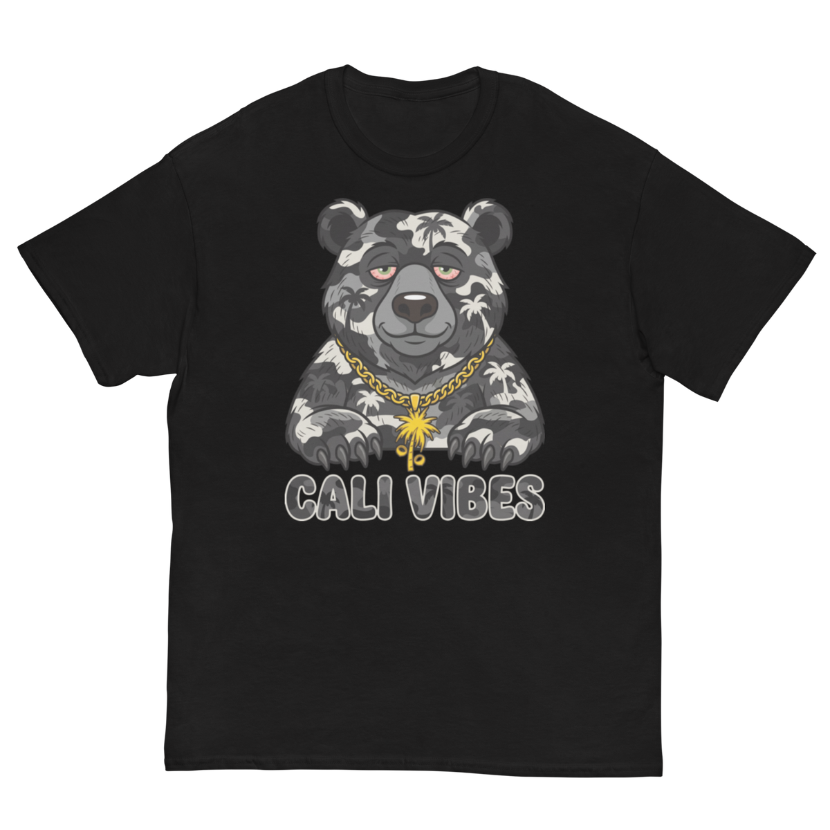 A black short-sleeve crewneck t-shirt featuring a graphic of a bear with a Hawaiian shirt, gold chain, and sunglasses, with the text 'CALI VIBES' printed below in white and gray.