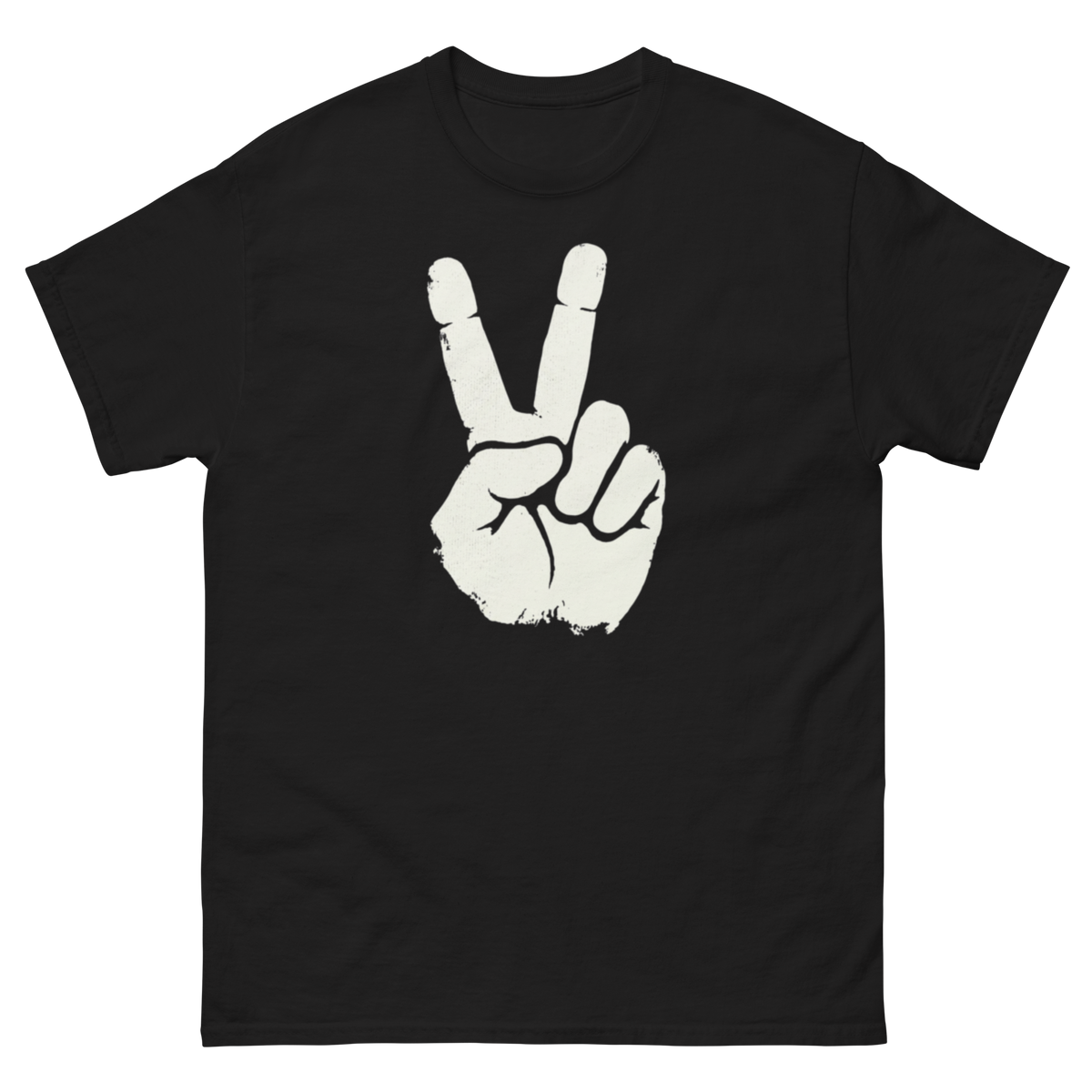 Black t-shirt with a white peace sign design