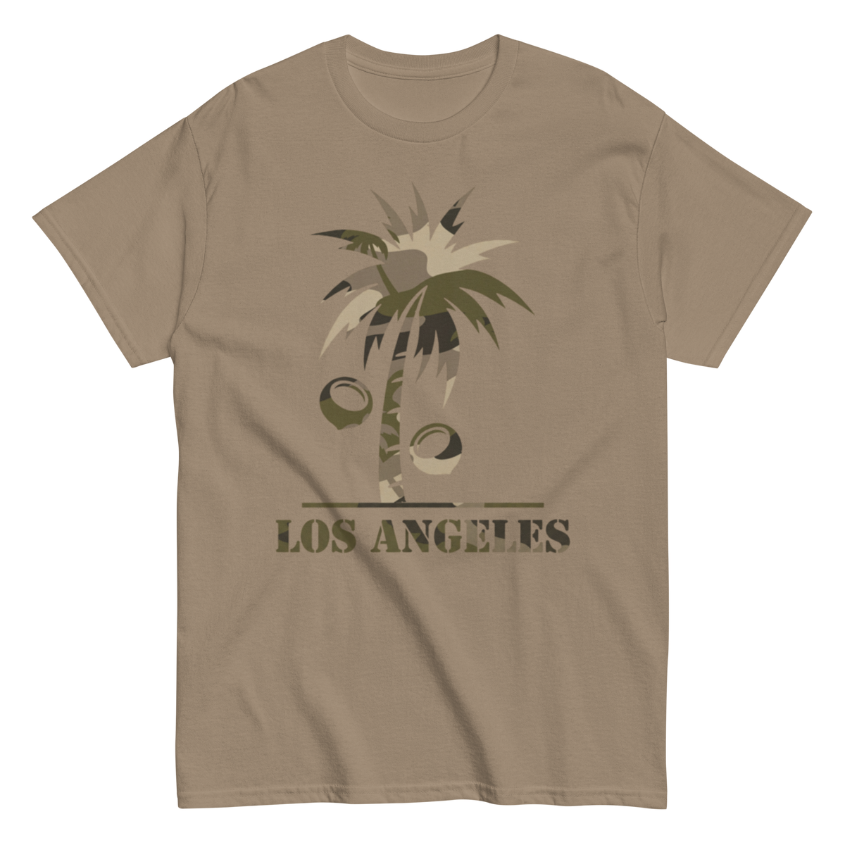 A tan crewneck t-shirt featuring a graphic of a palm tree made from coconuts with the text 'LOS ANGELES' underneath, displayed on a clean white background.