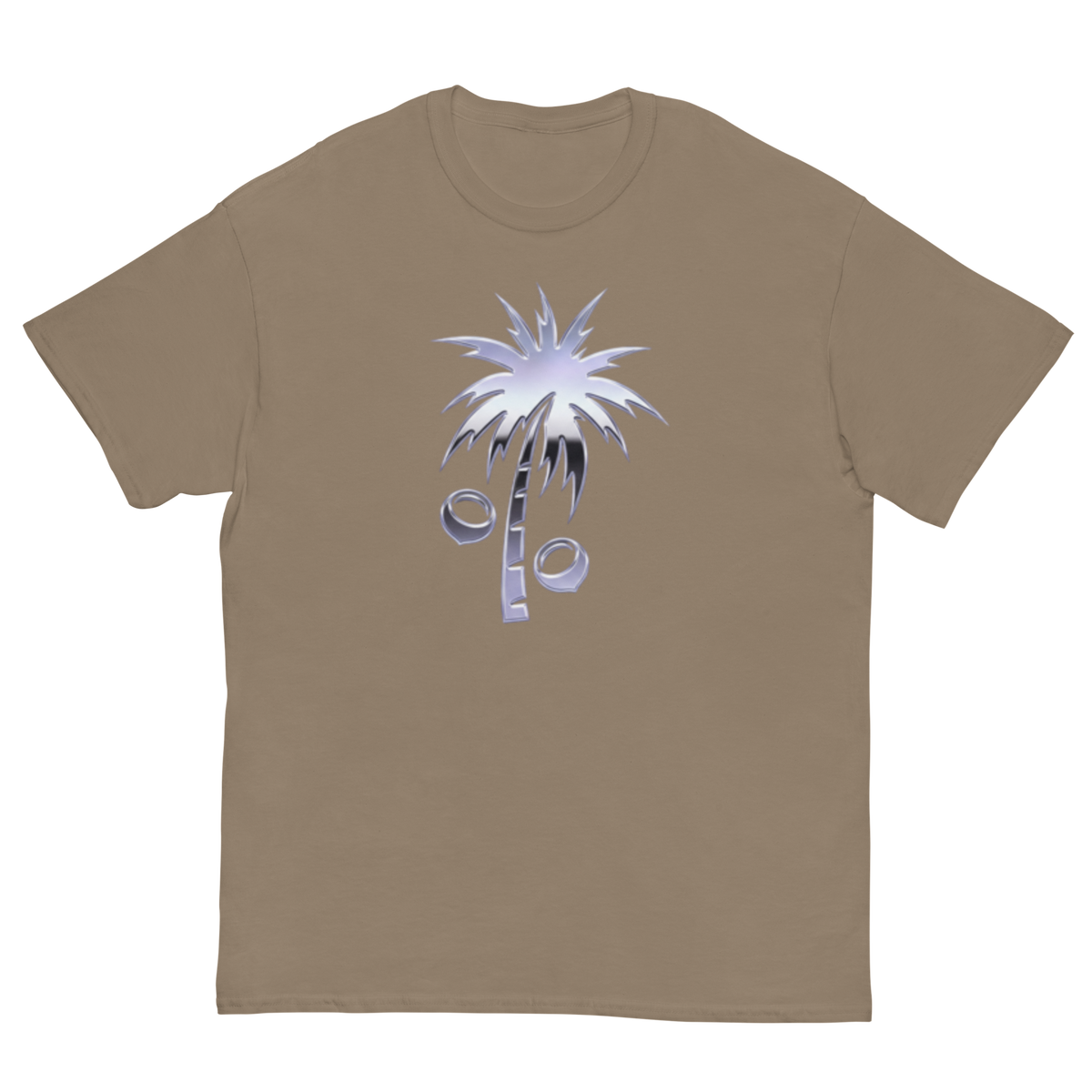 A taupe brown short-sleeve crewneck t-shirt featuring a stylized palm tree graphic on the chest with a silver and black gradient.