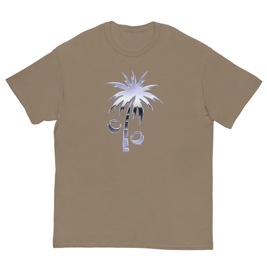 A taupe brown short-sleeve crewneck t-shirt featuring a stylized palm tree graphic on the chest with a silver and black gradient.